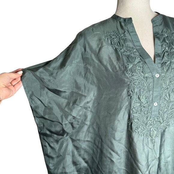 Oysho Silk Embroidered Kaftan Dress Size S Green V Neck Light Slightly Sheer NEW - Picture 3 of 10